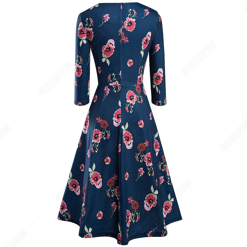 Women Vintage Casual Round Neck A line Summer Elegant Floral Lace Patchwork Sleeveless Tunic Party Swing Dress HA079