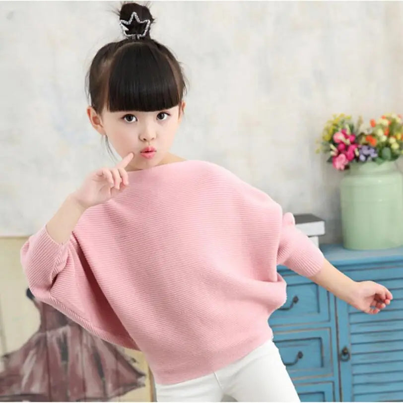 Spring Autumn Baby Toddler Teenage Children's Clothing Girls Pullover Sweater Long Batwing Sleeve Kids Knit Sweaters Tops (Available)