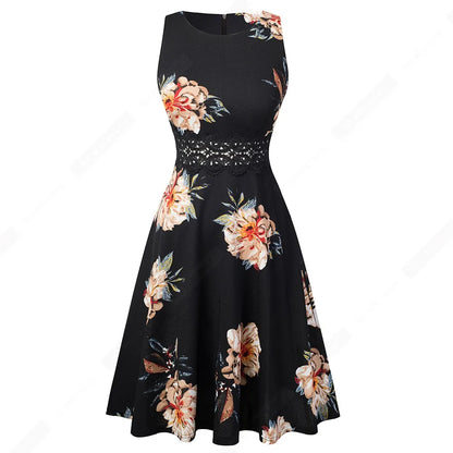 Women Vintage Casual Round Neck A line Summer Elegant Floral Lace Patchwork Sleeveless Tunic Party Swing Dress HA079