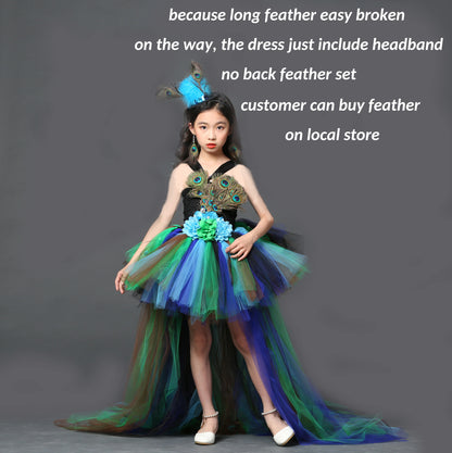 POSH DREAM Girl Peacock Flower Party Tutu Dresses for Halloween with Train Tulle Peacock Princess Children Party Evening Dress