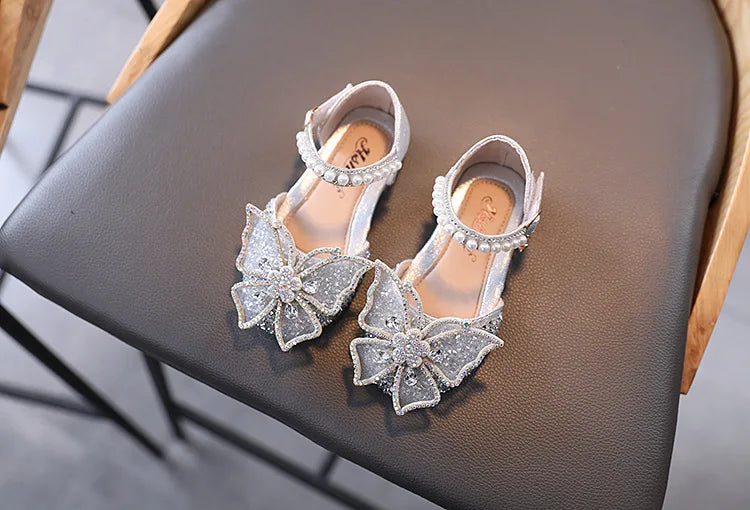 Large Crystal Bow Tie Kids Shoes for Girl Princess Beading Mary Jane Shoes Bling Prom Children  Girls Designer Shoes