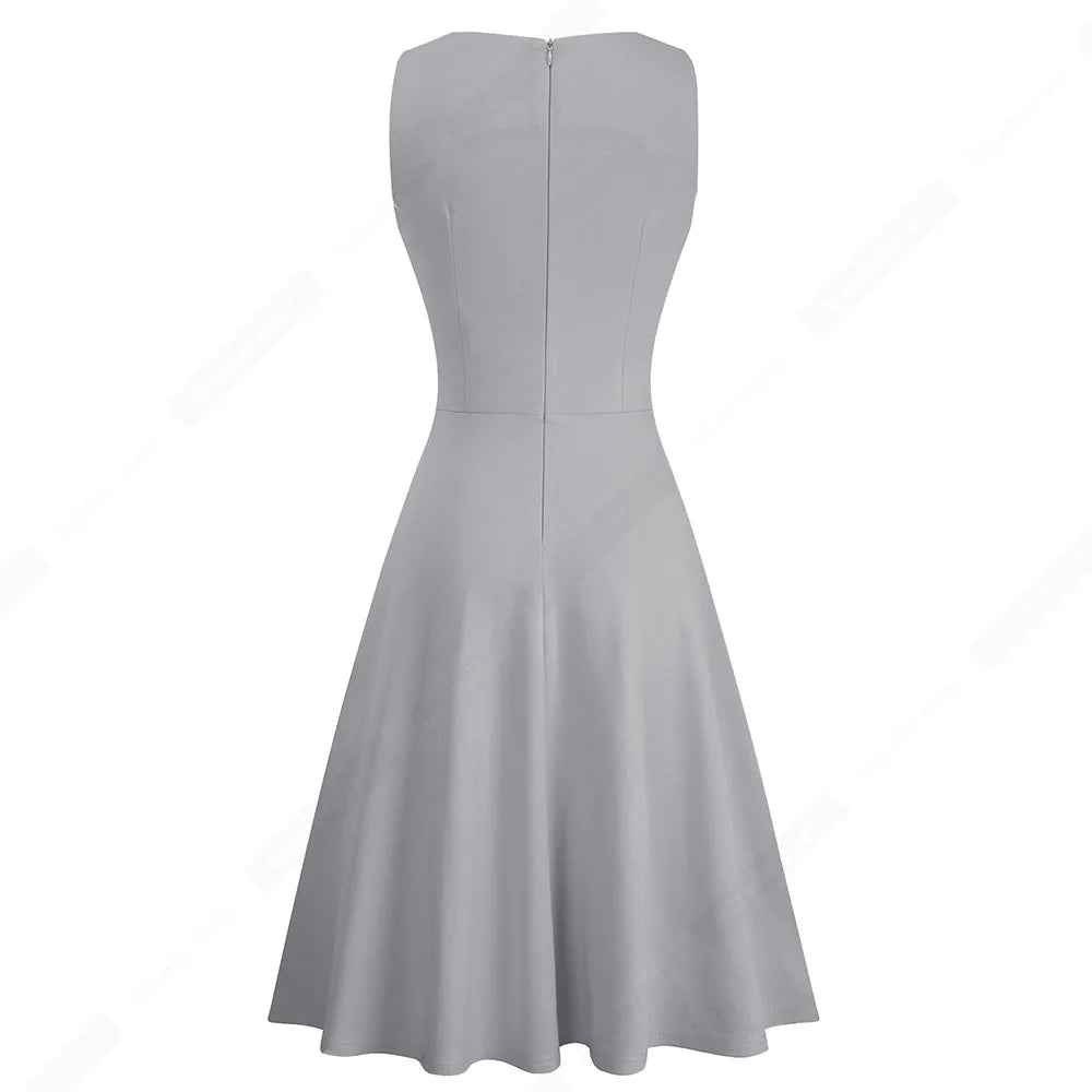 Women Vintage Casual Round Neck A line Summer Elegant Floral Lace Patchwork Sleeveless Tunic Party Swing Dress HA079