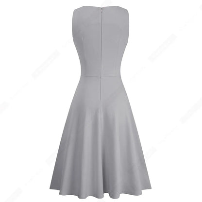 Women Vintage Casual Round Neck A line Summer Elegant Floral Lace Patchwork Sleeveless Tunic Party Swing Dress HA079