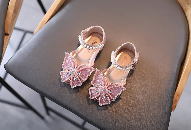 Large Crystal Bow Tie Kids Shoes for Girl Princess Beading Mary Jane Shoes Bling Prom Children  Girls Designer Shoes