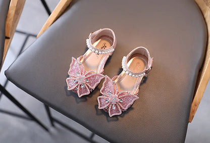 Large Crystal Bow Tie Kids Shoes for Girl Princess Beading Mary Jane Shoes Bling Prom Children  Girls Designer Shoes