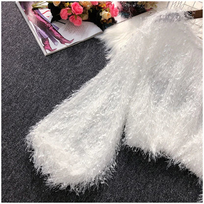 Blouse Women Shirt 2021 Spring Loose Puff Sleeves Furry Top Women's round-Neck Shirt Autumn and Winter Blusas Mujer De Moda