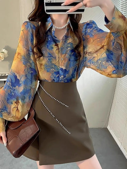 Boutique Wholesale 2025 Summer New Fashionable Loose Temperament Slimming Lantern Sleeve Printed Women's Shirt