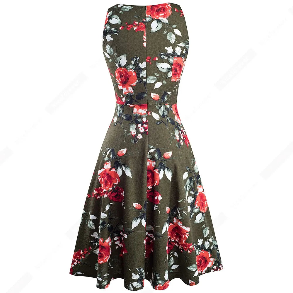 Women Vintage Casual Round Neck A line Summer Elegant Floral Lace Patchwork Sleeveless Tunic Party Swing Dress HA079
