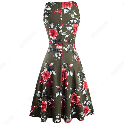 Women Vintage Casual Round Neck A line Summer Elegant Floral Lace Patchwork Sleeveless Tunic Party Swing Dress HA079