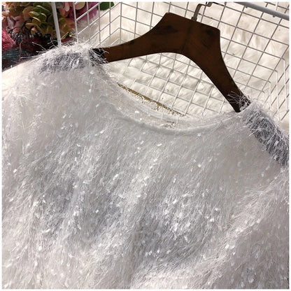 Blouse Women Shirt 2021 Spring Loose Puff Sleeves Furry Top Women's round-Neck Shirt Autumn and Winter Blusas Mujer De Moda
