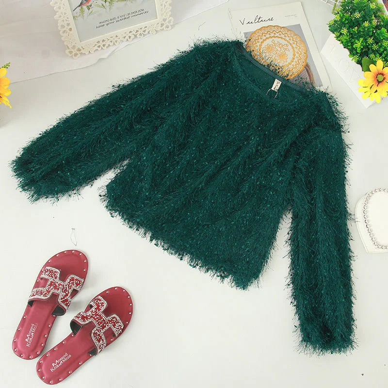 Blouse Women Shirt 2021 Spring Loose Puff Sleeves Furry Top Women's round-Neck Shirt Autumn and Winter Blusas Mujer De Moda