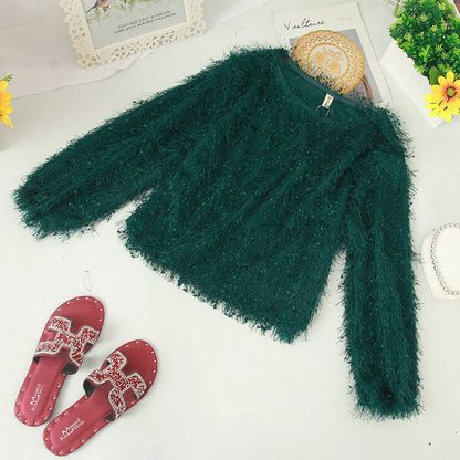 Blouse Women Shirt 2021 Spring Loose Puff Sleeves Furry Top Women's round-Neck Shirt Autumn and Winter Blusas Mujer De Moda