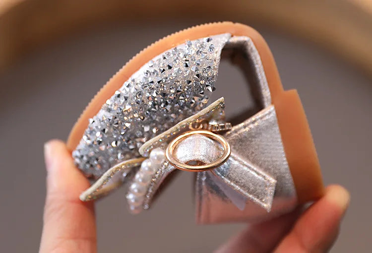 Large Crystal Bow Tie Kids Shoes for Girl Princess Beading Mary Jane Shoes Bling Prom Children  Girls Designer Shoes