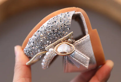 Large Crystal Bow Tie Kids Shoes for Girl Princess Beading Mary Jane Shoes Bling Prom Children  Girls Designer Shoes