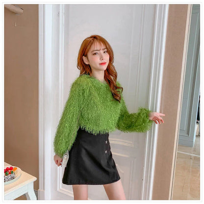 Blouse Women Shirt 2021 Spring Loose Puff Sleeves Furry Top Women's round-Neck Shirt Autumn and Winter Blusas Mujer De Moda