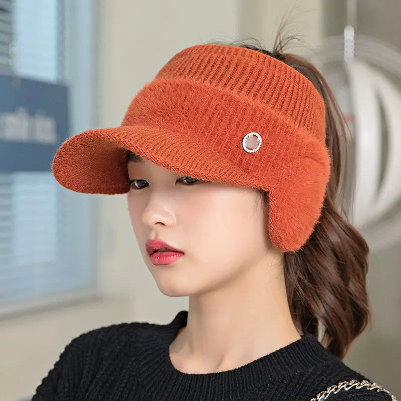 Womens Ponytail Hat with Contoured Ear Warmer Visor Hat Lightweight Runner's Hat
