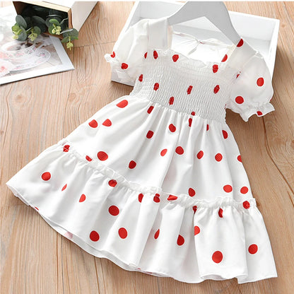 New Baby Summer Dresses Girls Sweet Lace Chiffon Polka Dot Dress Little Girl Chiffon Short Sleeve Dress For Kids Clothes