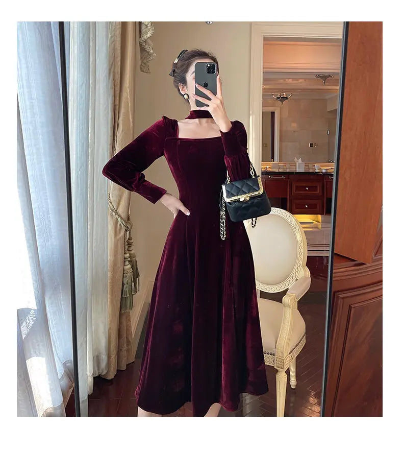 Sexy Dress Women French Retro Vintage Square Collar Waist Office Lady Wine Red Golden Velvet Autumn and Winter Female Clothing