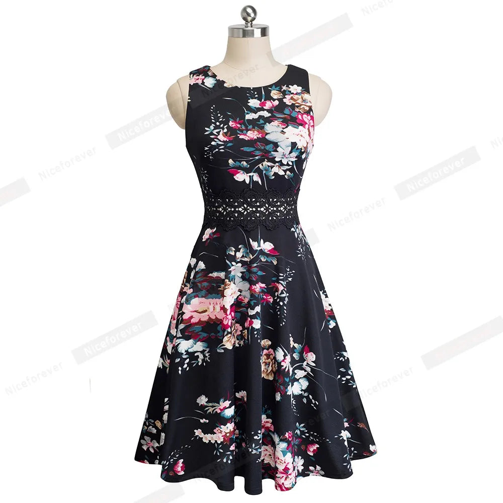 Women Vintage Casual Round Neck A line Summer Elegant Floral Lace Patchwork Sleeveless Tunic Party Swing Dress HA079