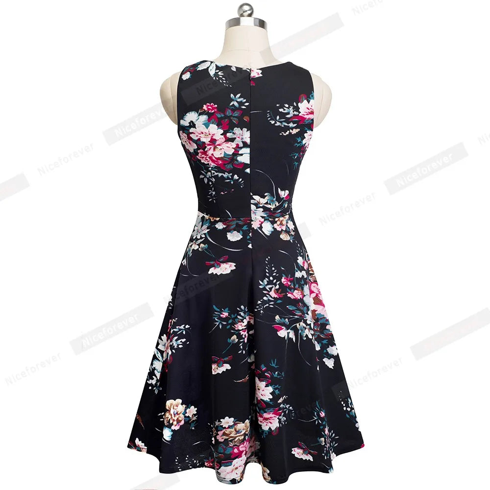 Women Vintage Casual Round Neck A line Summer Elegant Floral Lace Patchwork Sleeveless Tunic Party Swing Dress HA079