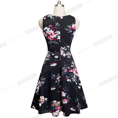 Women Vintage Casual Round Neck A line Summer Elegant Floral Lace Patchwork Sleeveless Tunic Party Swing Dress HA079