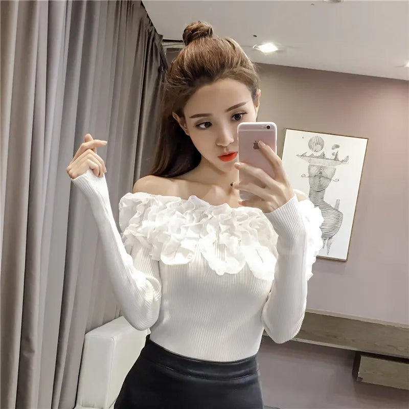 Autumn Women Knitting Full Sleeve Patchwork Sweaters Pullovers Girls Slim Floral Knitted Knitwear Tops GTA014