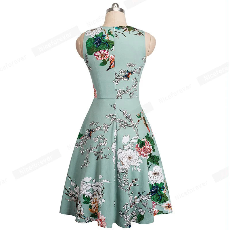 Women Vintage Casual Round Neck A line Summer Elegant Floral Lace Patchwork Sleeveless Tunic Party Swing Dress HA079