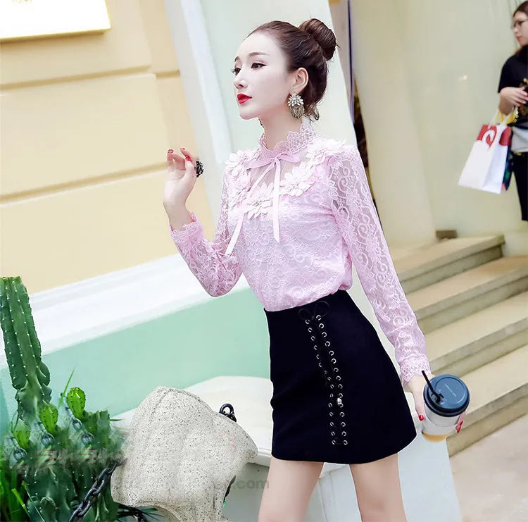 Spring Autumn Women Long Sleeve Blouse Sweet Floral Hollow Lace Shirt Female