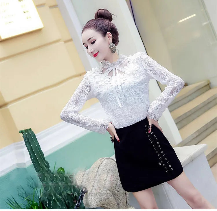 Spring Autumn Women Long Sleeve Blouse Sweet Floral Hollow Lace Shirt Female
