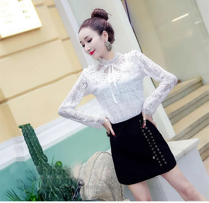 Spring Autumn Women Long Sleeve Blouse Sweet Floral Hollow Lace Shirt Female