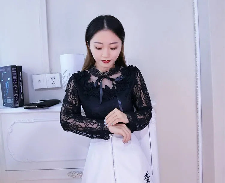 Spring Autumn Women Long Sleeve Blouse Sweet Floral Hollow Lace Shirt Female