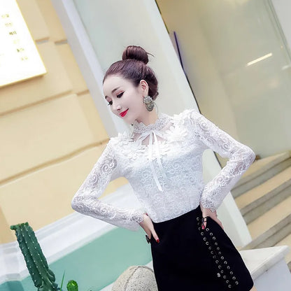 Spring Autumn Women Long Sleeve Blouse Sweet Floral Hollow Lace Shirt Female