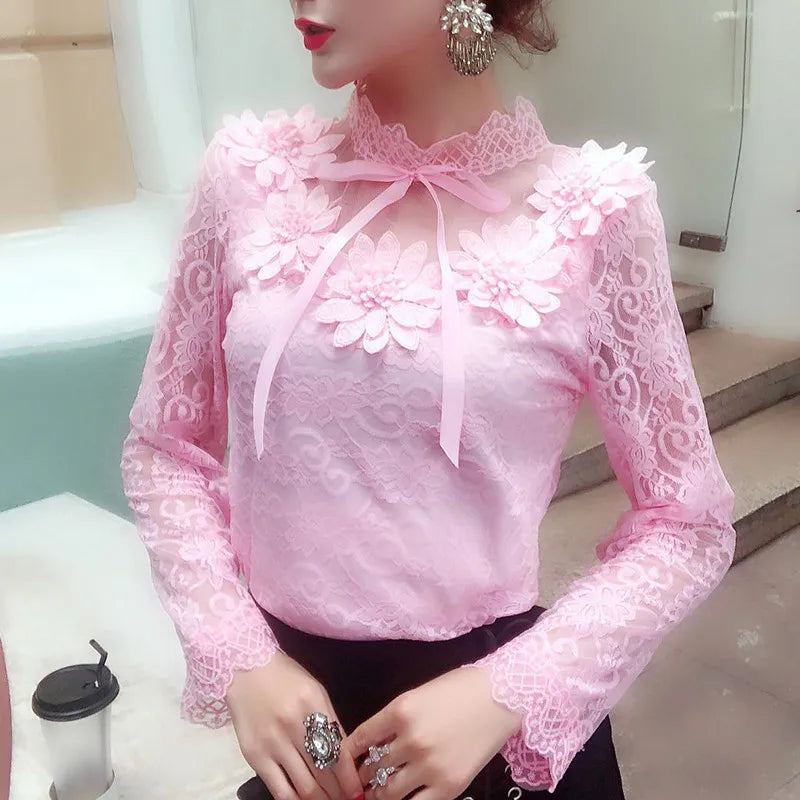 Spring Autumn Women Long Sleeve Blouse Sweet Floral Hollow Lace Shirt Female