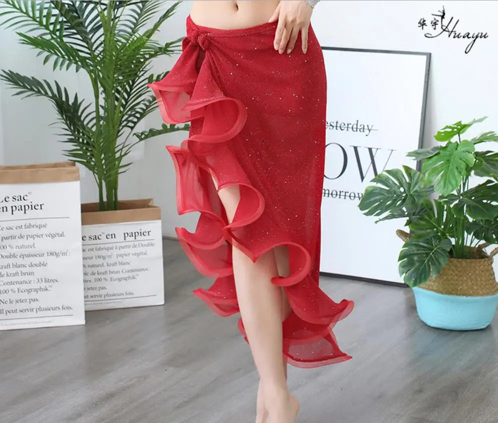 Belly Dance Costume For Women Belly Dancing Skirt Wrap Hip Scarf With Ruffles Side Slit Practice Show Dark Green Korea Design