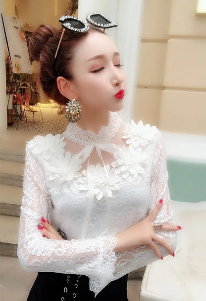 Spring Autumn Women Long Sleeve Blouse Sweet Floral Hollow Lace Shirt Female