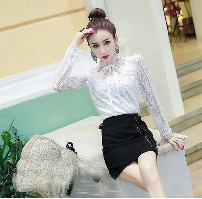Spring Autumn Women Long Sleeve Blouse Sweet Floral Hollow Lace Shirt Female