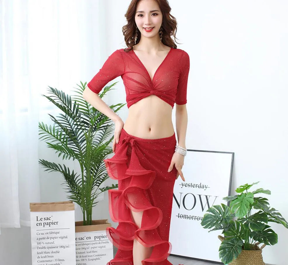 Belly Dance Costume For Women Belly Dancing Skirt Wrap Hip Scarf With Ruffles Side Slit Practice Show Dark Green Korea Design