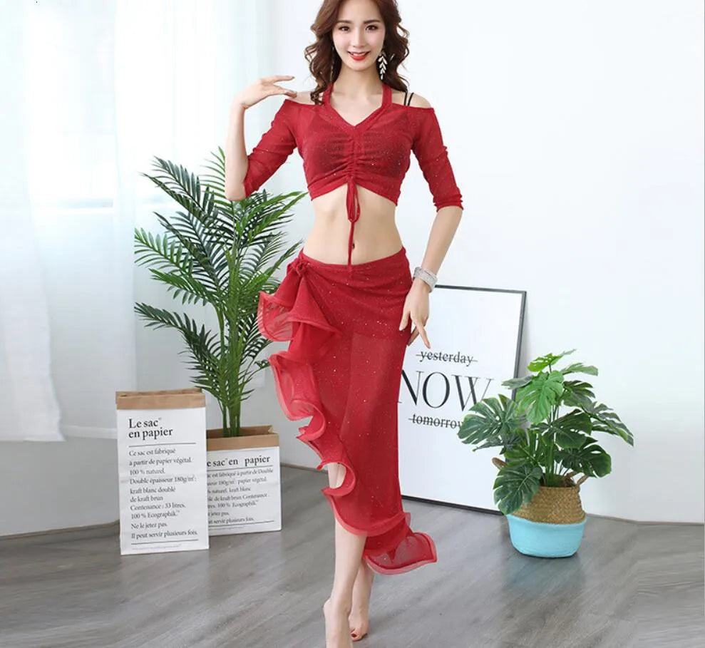 Belly Dance Costume For Women Belly Dancing Skirt Wrap Hip Scarf With Ruffles Side Slit Practice Show Dark Green Korea Design