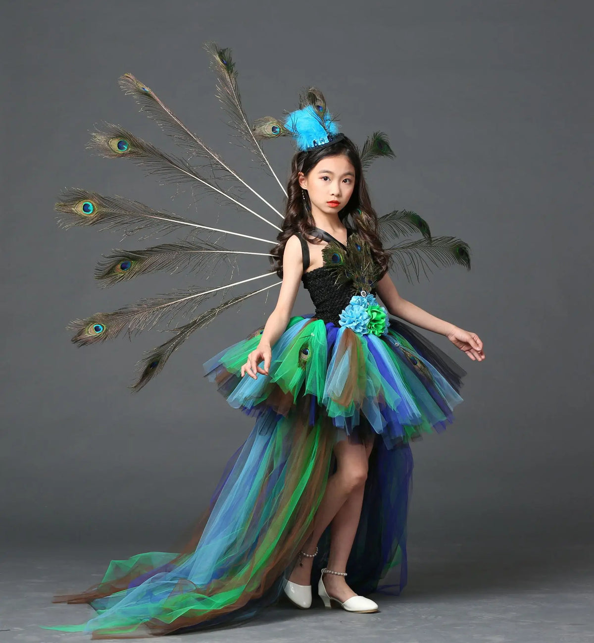 POSH DREAM Girl Peacock Flower Party Tutu Dresses for Halloween with Train Tulle Peacock Princess Children Party Evening Dress