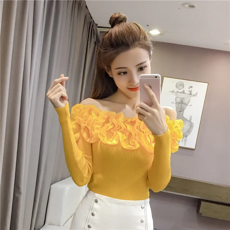 Autumn Women Knitting Full Sleeve Patchwork Sweaters Pullovers Girls Slim Floral Knitted Knitwear Tops GTA014