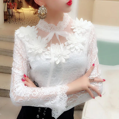 Spring Autumn Women Long Sleeve Blouse Sweet Floral Hollow Lace Shirt Female