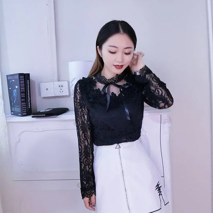 Spring Autumn Women Long Sleeve Blouse Sweet Floral Hollow Lace Shirt Female