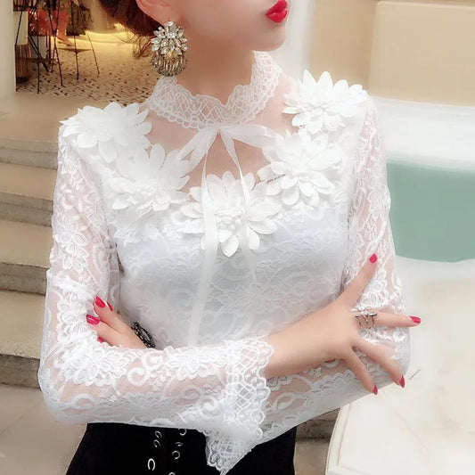 Spring Autumn Women Long Sleeve Blouse Sweet Floral Hollow Lace Shirt Female