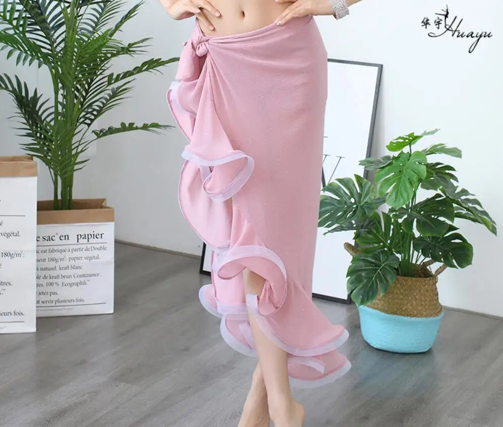 Belly Dance Costume For Women Belly Dancing Skirt Wrap Hip Scarf With Ruffles Side Slit Practice Show Dark Green Korea Design