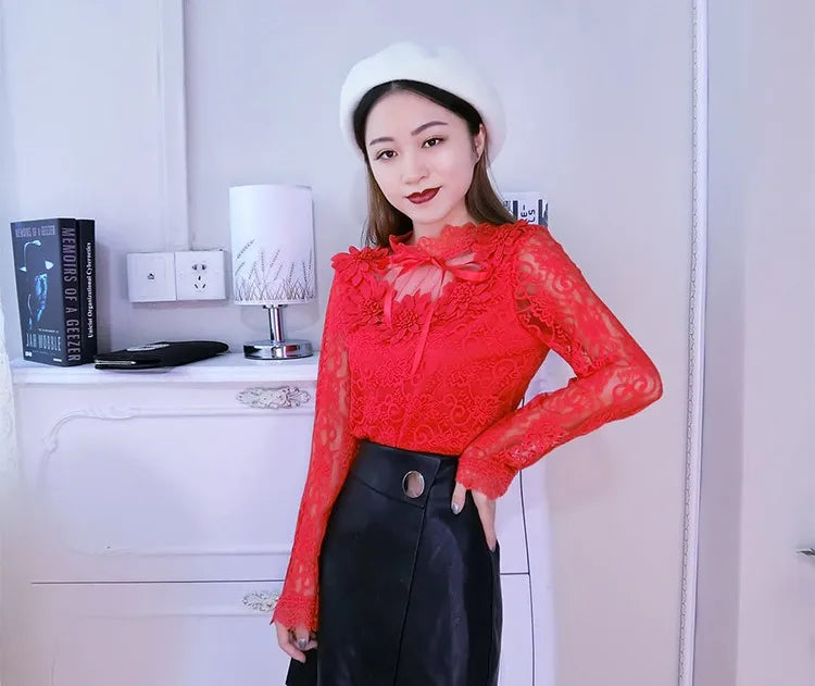 Spring Autumn Women Long Sleeve Blouse Sweet Floral Hollow Lace Shirt Female