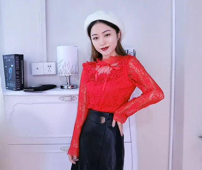Spring Autumn Women Long Sleeve Blouse Sweet Floral Hollow Lace Shirt Female