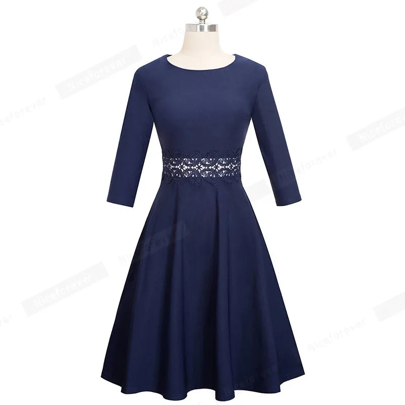 Women Vintage Casual Round Neck A line Summer Elegant Floral Lace Patchwork Sleeveless Tunic Party Swing Dress HA079