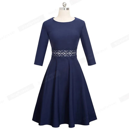 Women Vintage Casual Round Neck A line Summer Elegant Floral Lace Patchwork Sleeveless Tunic Party Swing Dress HA079