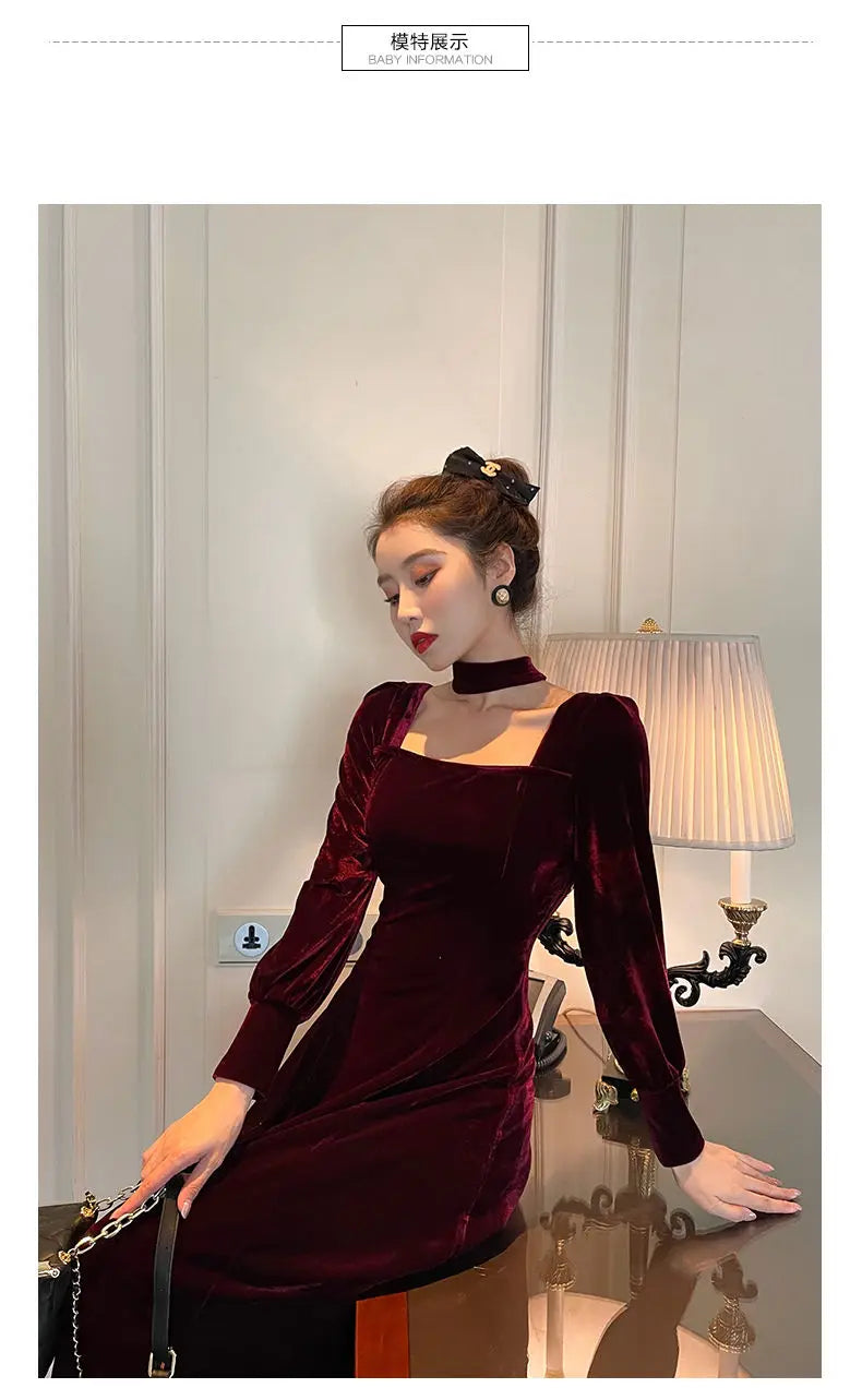 Sexy Dress Women French Retro Vintage Square Collar Waist Office Lady Wine Red Golden Velvet Autumn and Winter Female Clothing