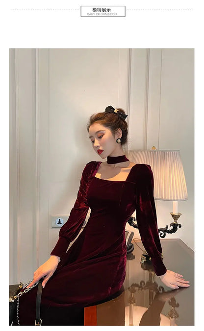 Sexy Dress Women French Retro Vintage Square Collar Waist Office Lady Wine Red Golden Velvet Autumn and Winter Female Clothing